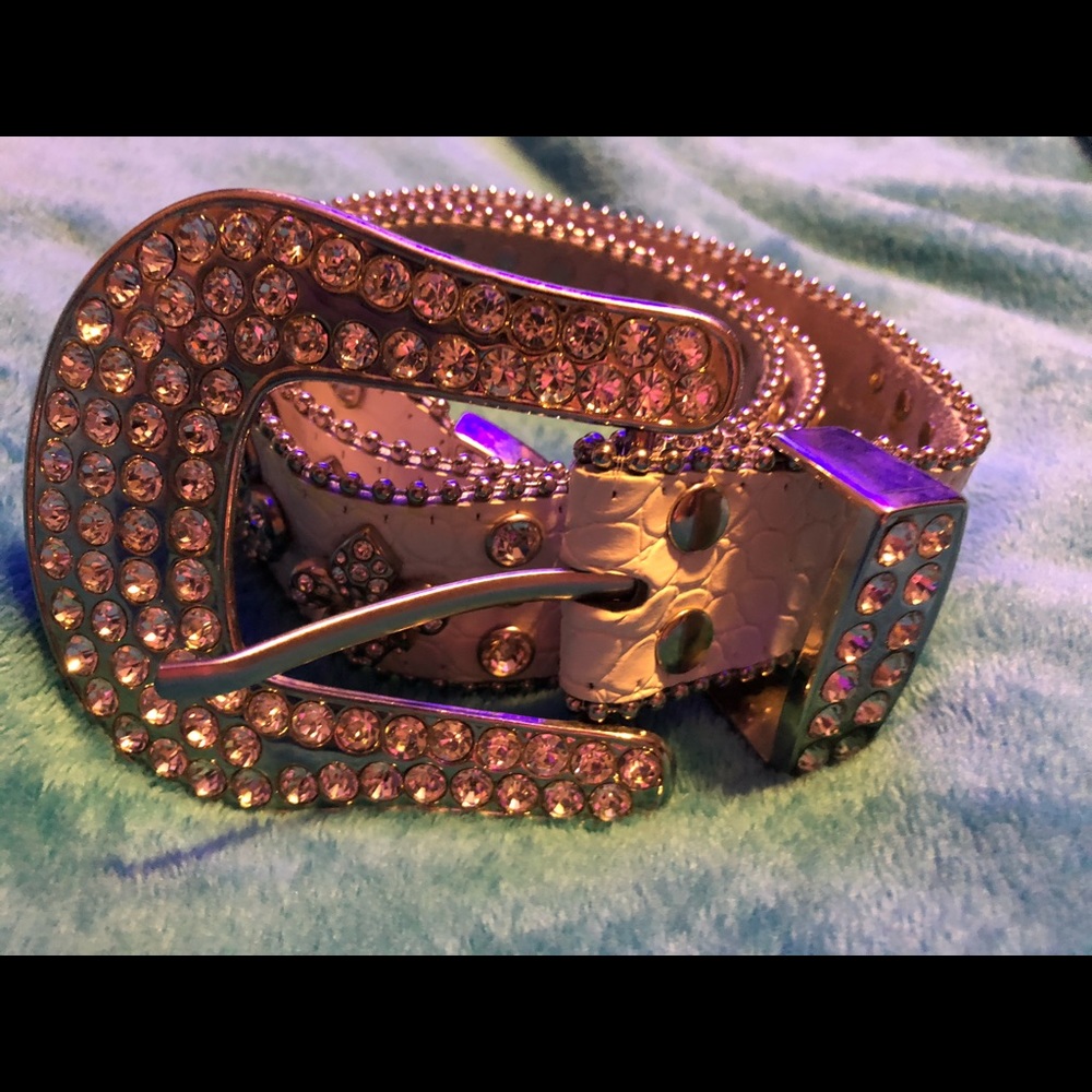 White rhinestone big buckled belt